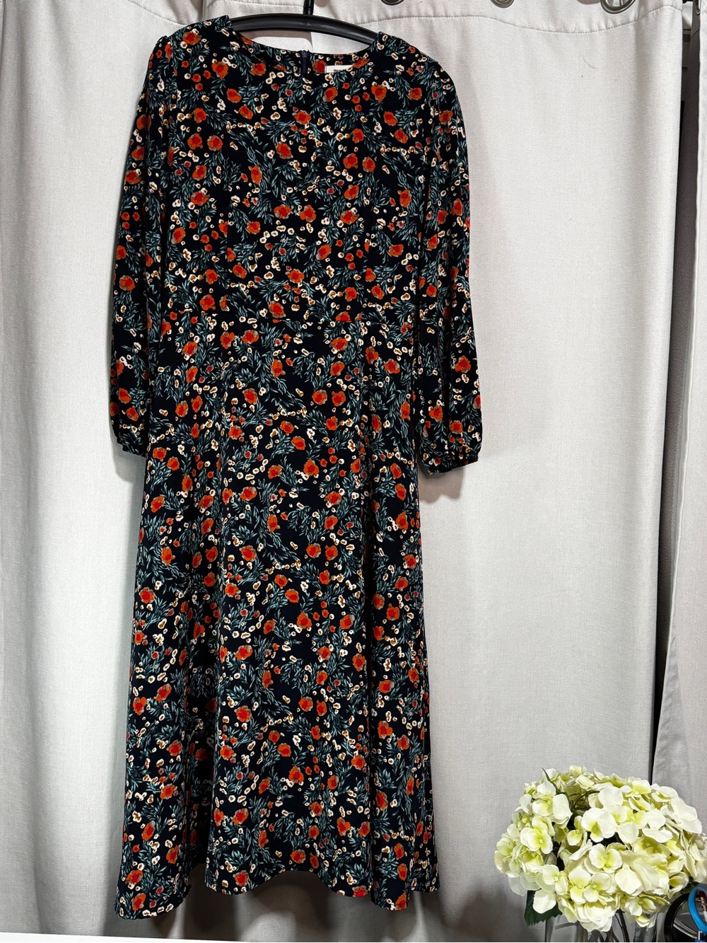 Three Princess Women's Midi Dress Black Floral Round Neck Long Sleeve Back Zip
